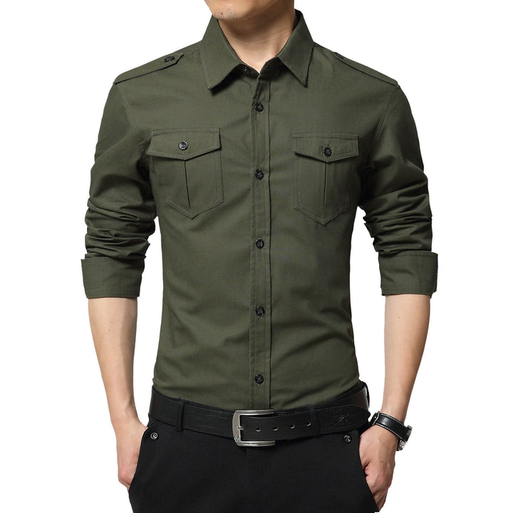 Herren Slim‑Fit Utility‑Hemd mit Schulterklappen und Pattentaschen Drune