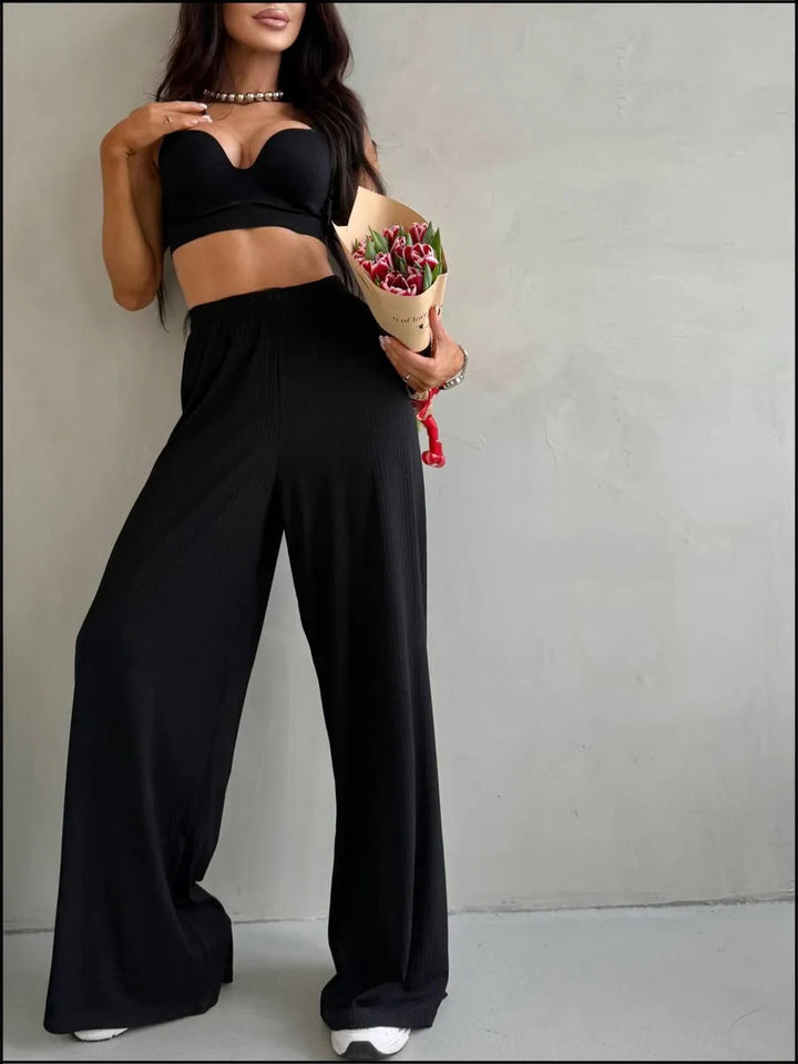 Damen weite High-Waist Palazzo-Hose aus geripptem Jersey mit elastischem Bund Drune