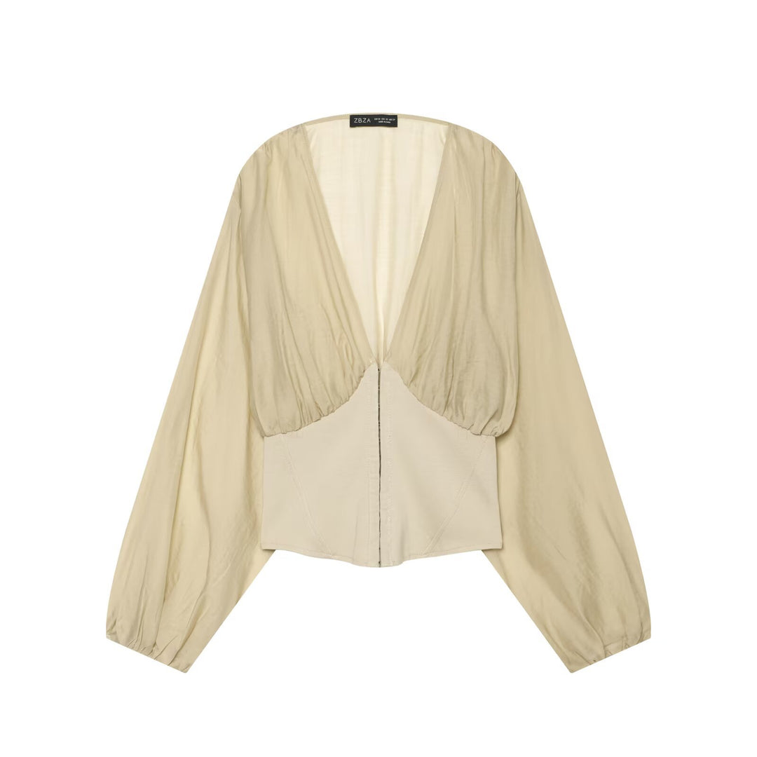 Damen Kurzes Bolero-Blouson mit tiefem V‑Ausschnitt, geraffter Passe und Ballonärmeln Drune