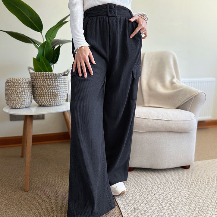 Damen Weite High-Waist-Hose mit Stoffgürtel und Cargo-Taschen Drune
