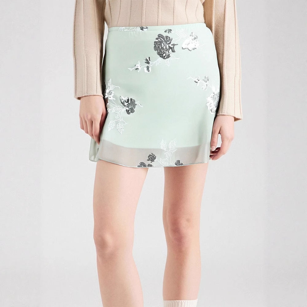 Damen transparenter Rock mit floralem Design und glitzernden Akzenten Drune