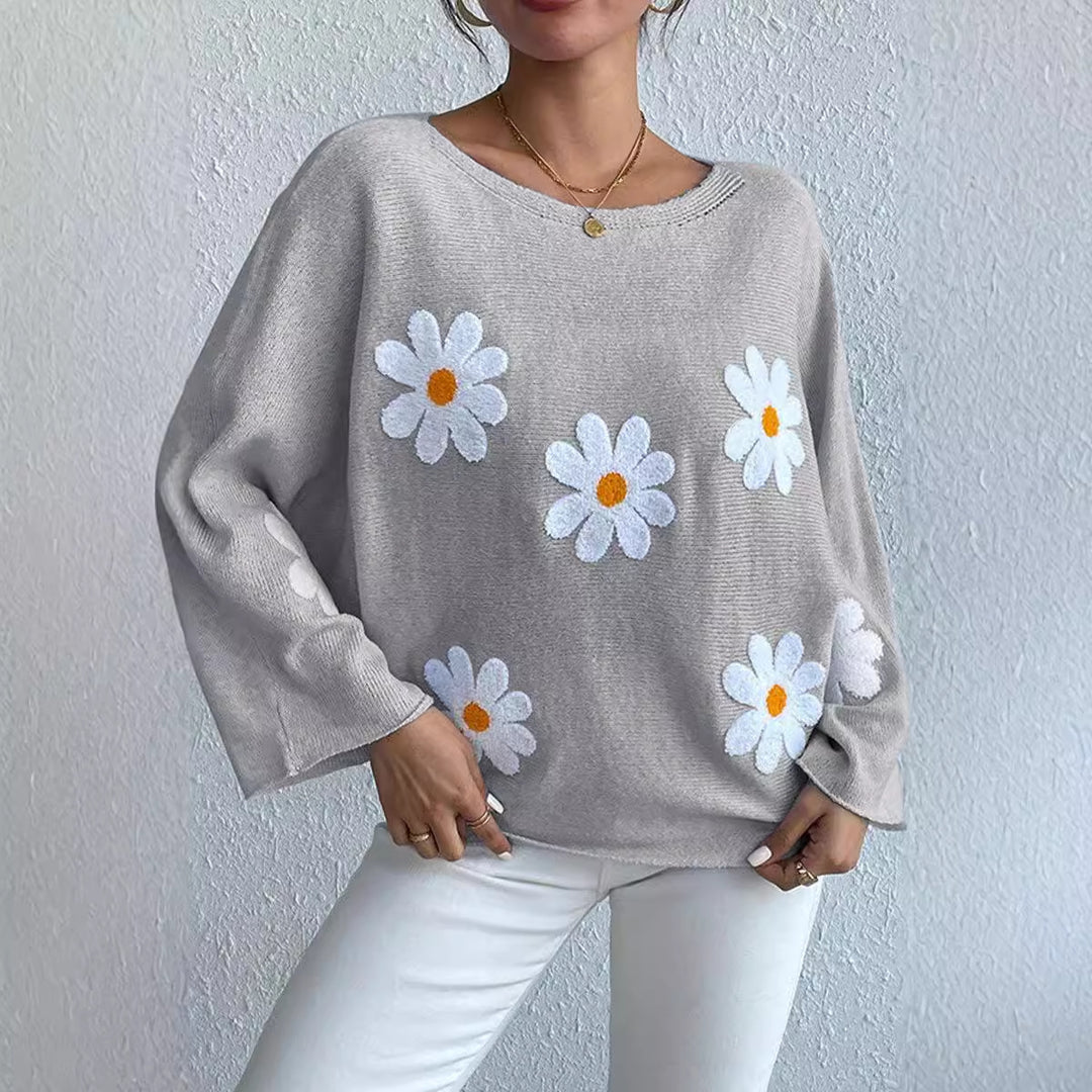 Damen Strickpullover mit verspieltem Blumendesign und weitem Schnitt Drune