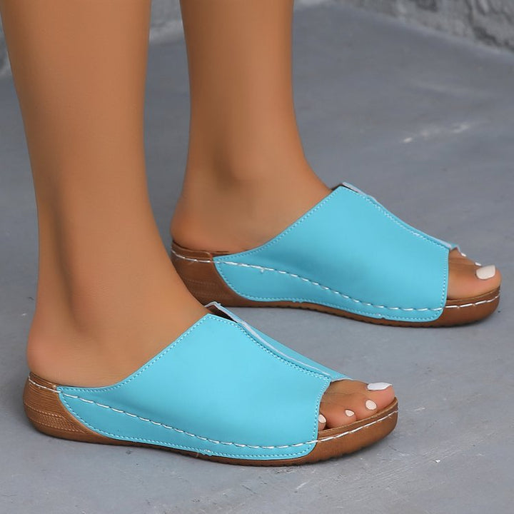 Damen Offene Komfort‑Mules mit gepolstertem Fußbett und Korkoptik‑Plateau Drune