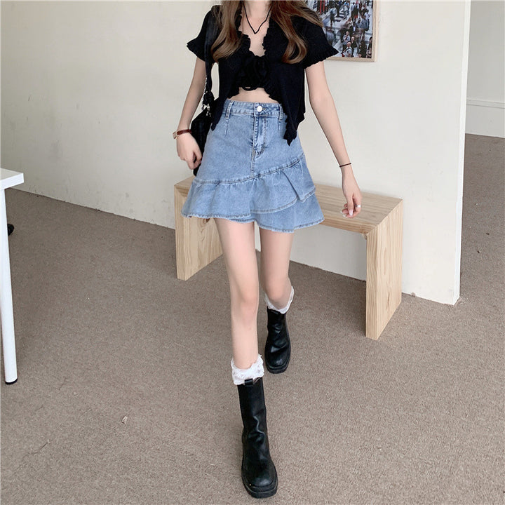 Damen Jeansrock mit voluminösem Rüschensaum und knopfbarem Bund Drune
