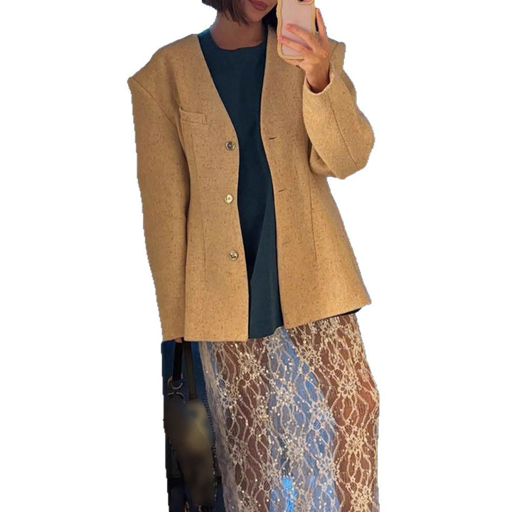 Damen Taillierter strukturierter Blazer mit V‑Ausschnitt und betonter Schulterpartie Drune