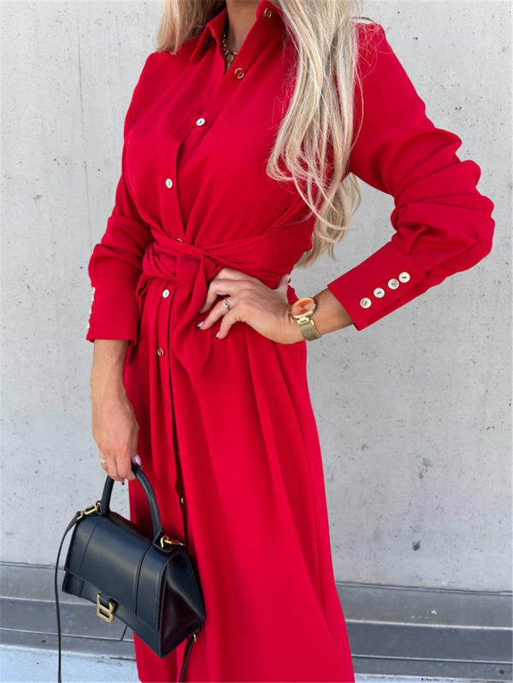 Damen Tailliertes Hemdblusen-Midikleid mit Bindegürtel, Manschetten und Frontschlitz Drune