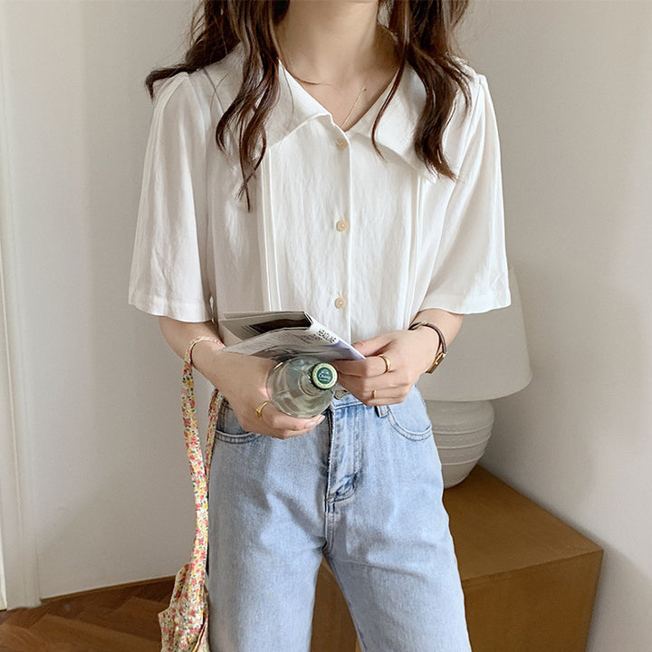 Damen Kurzarm Bluse mit elegantem Stehkragen und knöpfbarem Design Drune