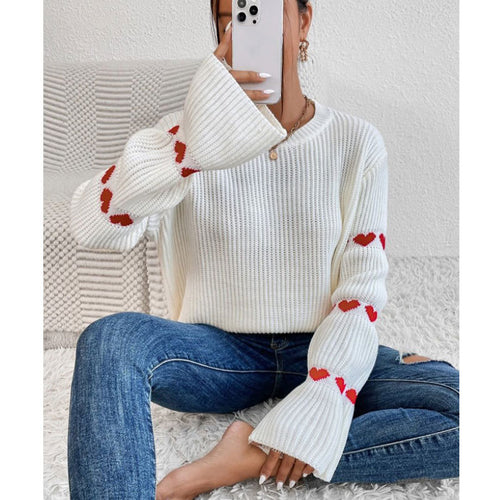 Damen Strickpullover mit Herz-Applikationen und weitem Ärmel Drune