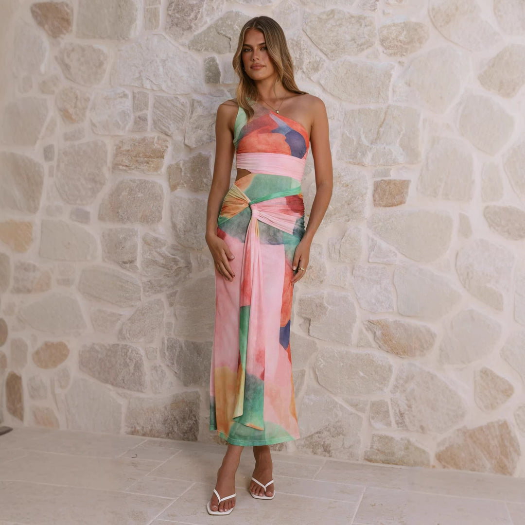 Damen Wickel-Maxikleid mit asymmetrischem Träger und floralen Akzenten Drune