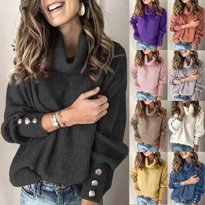 Damen Kuscheliger Oversize Rollkragenpullover mit Zierknöpfen an den Ärmeln Drune