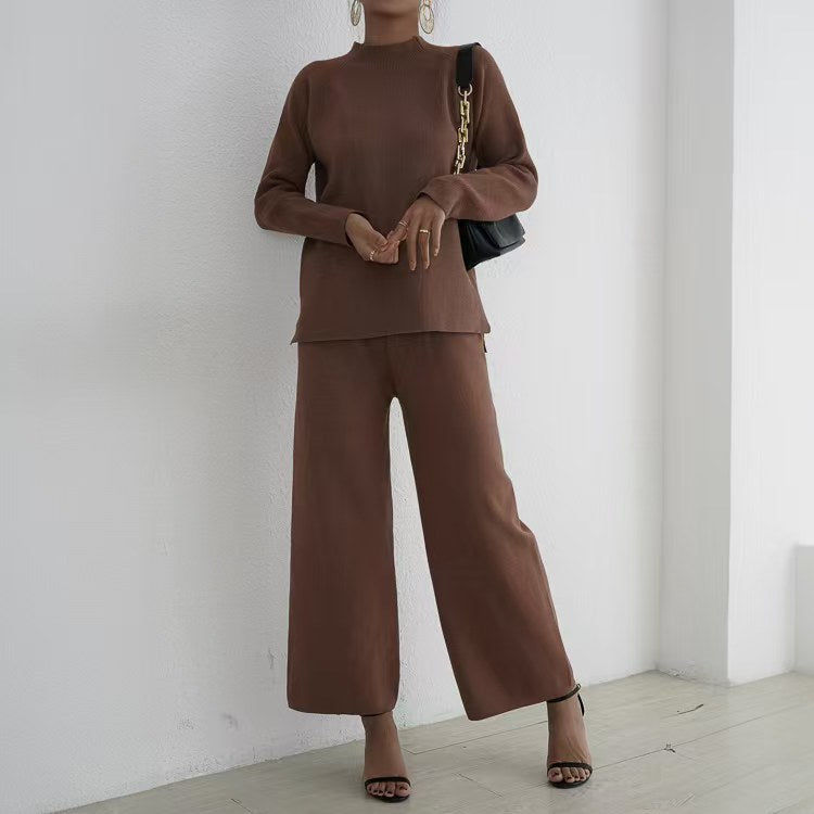 Damen elegantes und lässiges Strick-Loungewear-Set mit hohem Kragen und weiten Beinen Drune