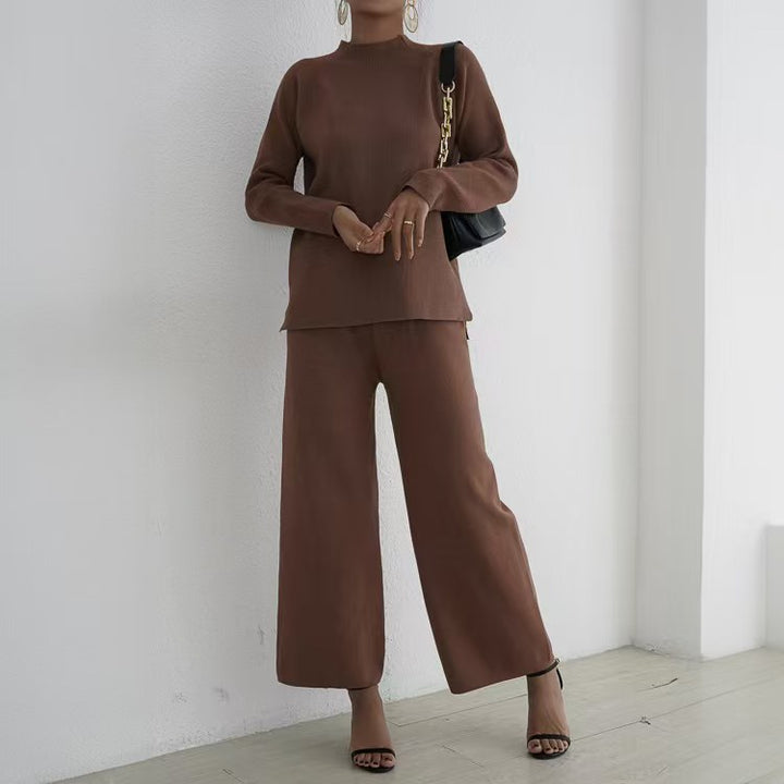 Damen elegantes und lässiges Strick-Loungewear-Set mit hohem Kragen und weiten Beinen Drune