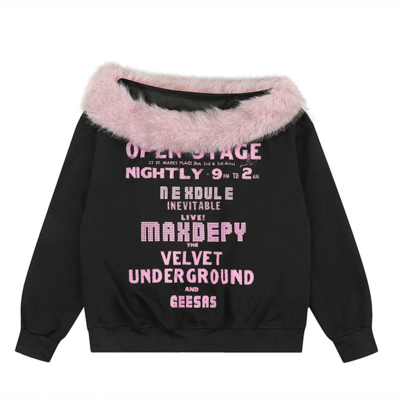 Damen Oversize-Sweatshirt mit Kunstfellkragen, weichem Innenfutter und typografischem Statement-Print Drune