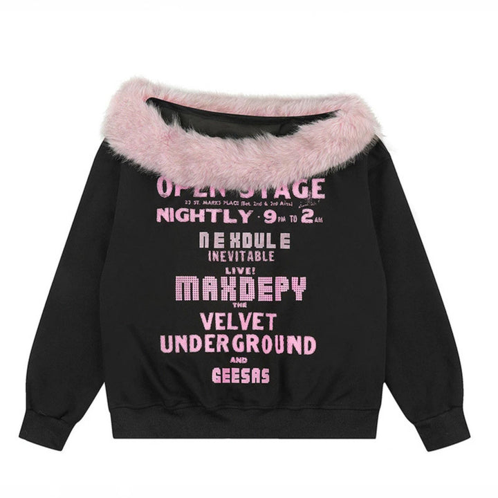 Damen Oversize-Sweatshirt mit Kunstfellkragen, weichem Innenfutter und typografischem Statement-Print Drune