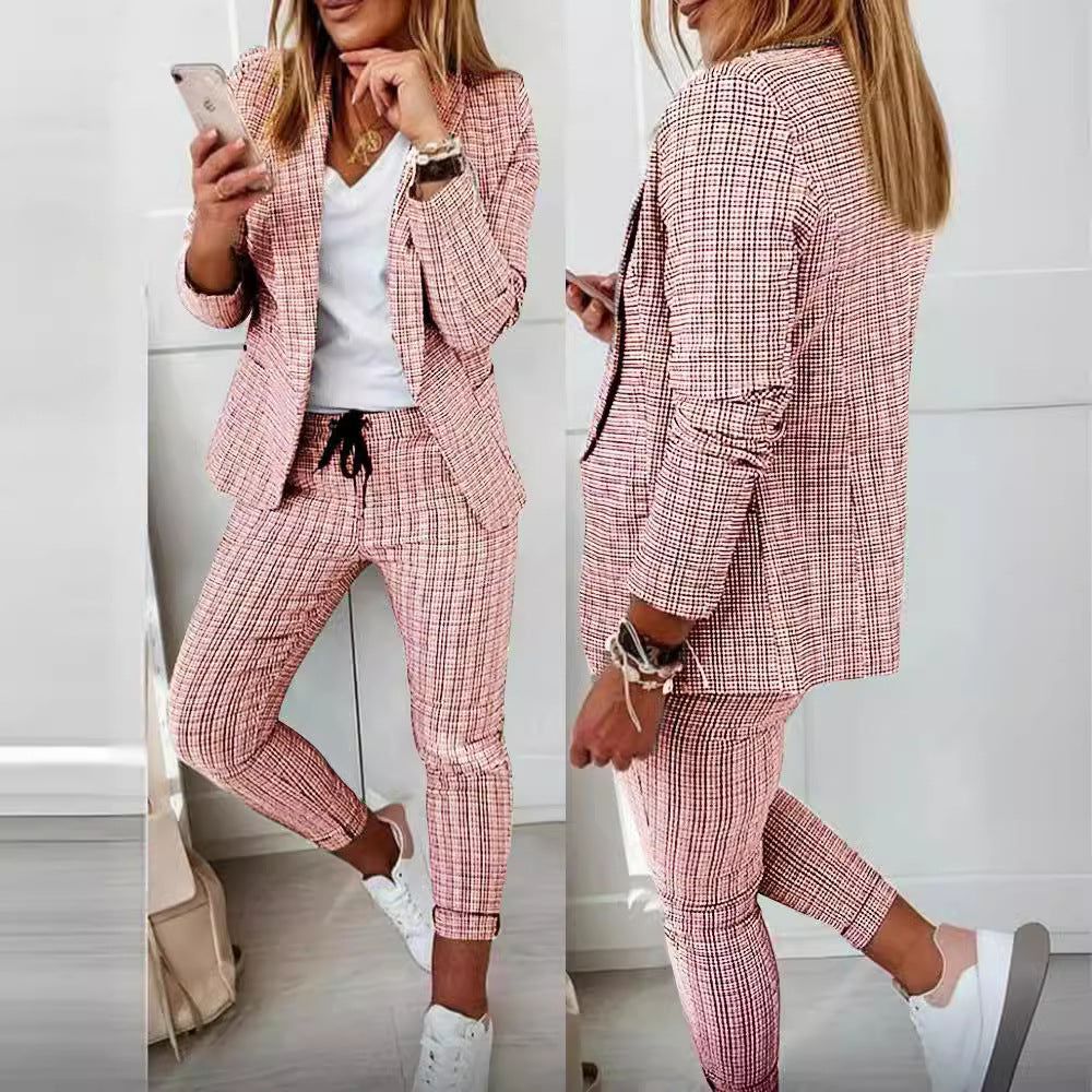 Damen nan zweiteiliges Karomuster Business-Casual Blazer-Set mit elastischer Bundhose Drune