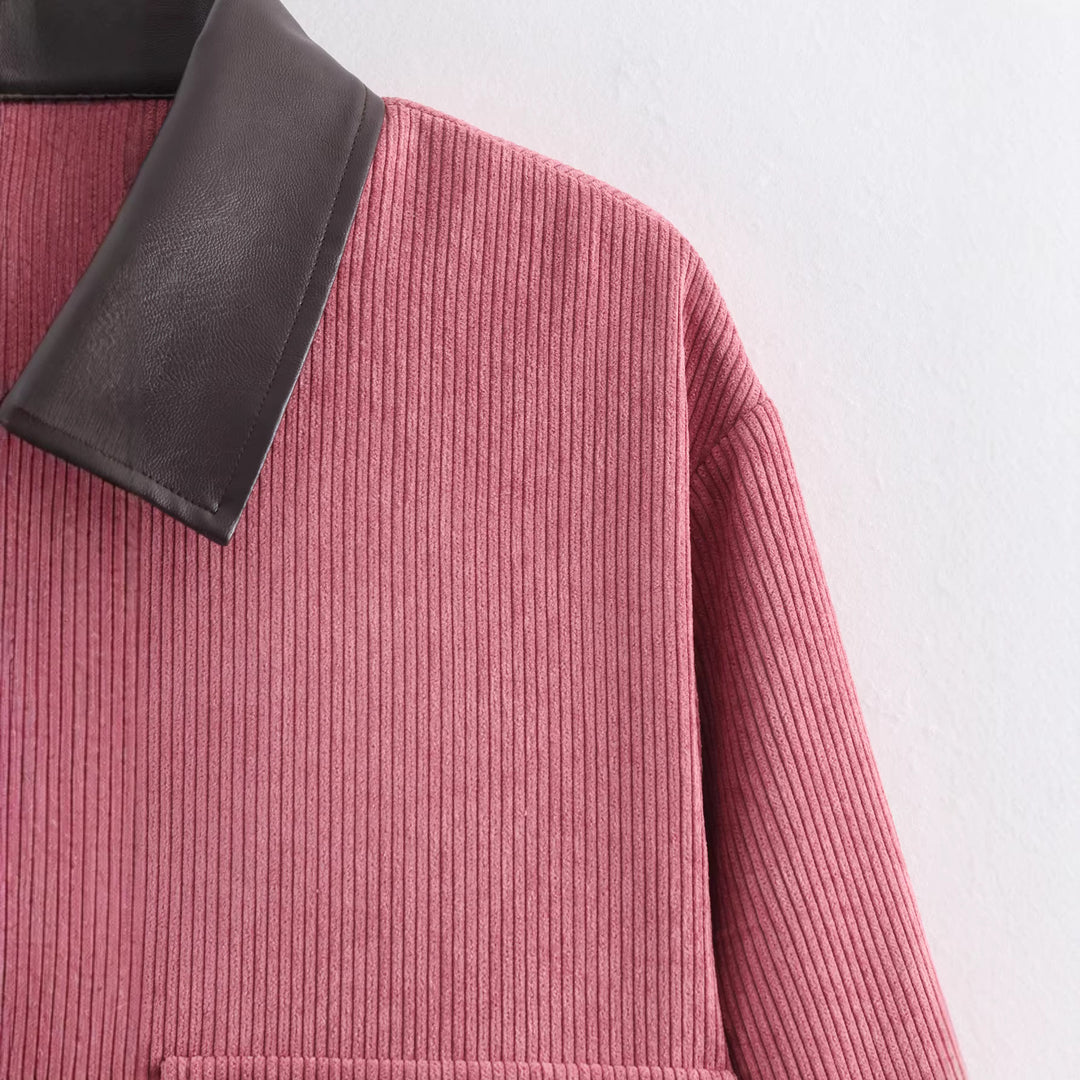 Damen Kurze Cordjacke mit Reißverschluss, großen Pattentaschen und Kunstlederkragen Drune
