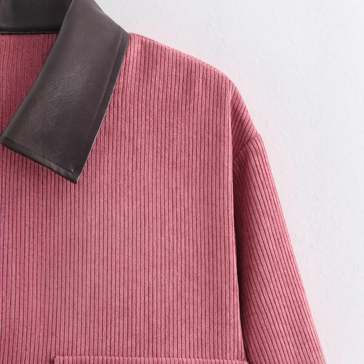 Damen Kurze Cordjacke mit Reißverschluss, großen Pattentaschen und Kunstlederkragen Drune