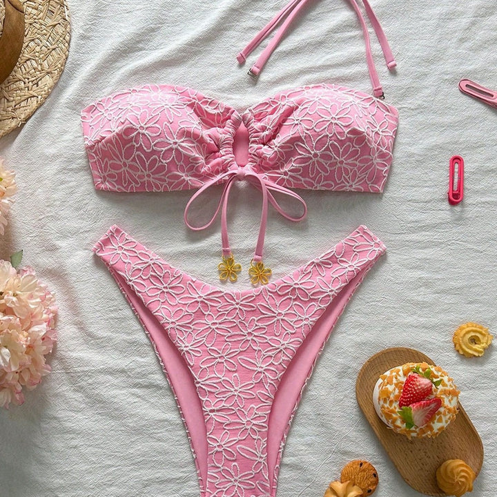 Damen Bandeau-Bikini mit floralen Applikationen Drune