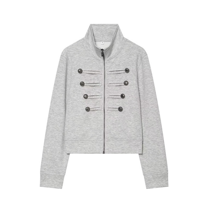 Damen Cropped Sweatjacke im Military-Look mit Stehkragen und Zierknopfreihe Drune