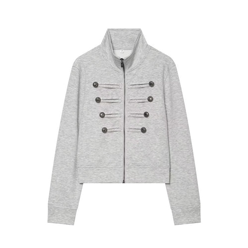 Damen Cropped Sweatjacke im Military-Look mit Stehkragen und Zierknopfreihe Drune