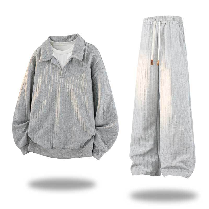 Herren Oversize Strukturiertes Lounge‑Set mit Polokragen, Zopfmuster‑Optik & weitem Bein Drune