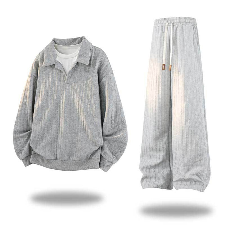 Herren Oversize Strukturiertes Lounge‑Set mit Polokragen, Zopfmuster‑Optik & weitem Bein Drune