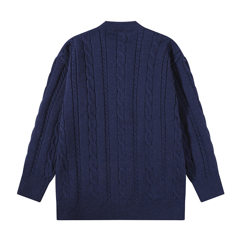 Unisex Übergroße Zopfmuster-Strickjacke mit Knopfleiste und Rundhalsausschnitt Drune