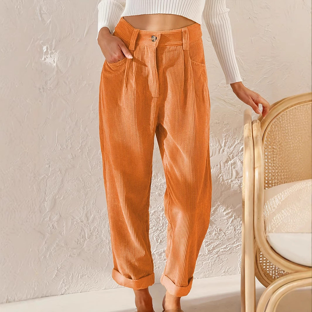 Damen lässige Cordhose mit hoher Taille, lockerer Tapered-Passform und umgeschlagenem Saum Drune