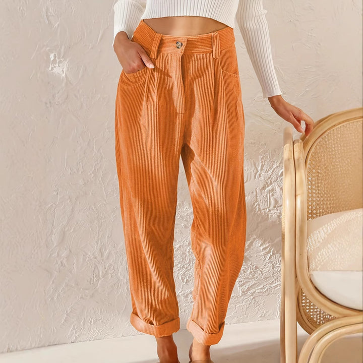 Damen lässige Cordhose mit hoher Taille, lockerer Tapered-Passform und umgeschlagenem Saum Drune