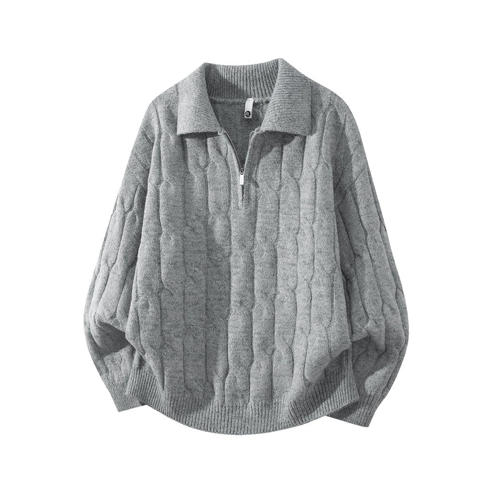 Unisex Oversize Zopfstrickpullover mit Halbreißverschluss und Hemdkragen Drune