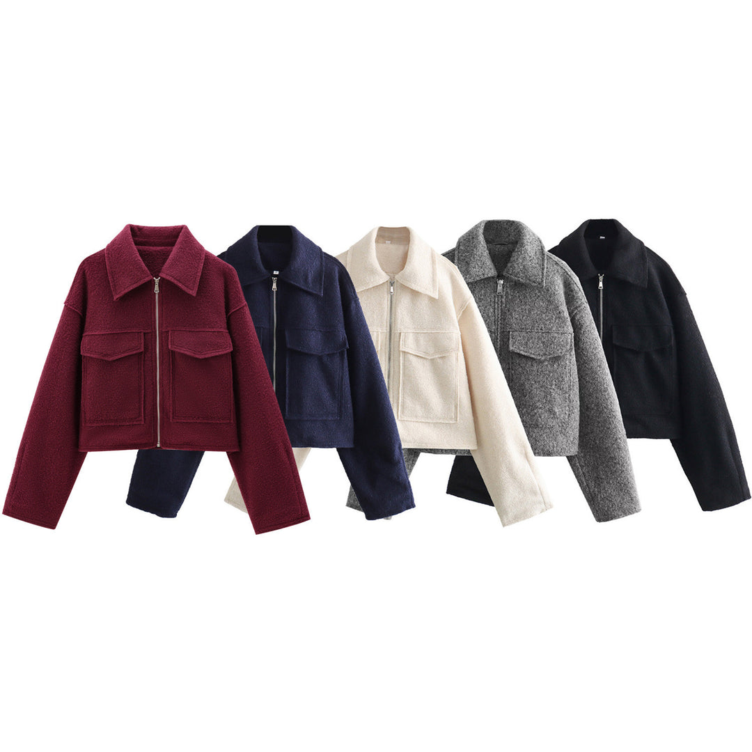 Damen Kurze Bouclé‑Jacke im Boxy‑Cut mit Reißverschluss und Pattentaschen Drune