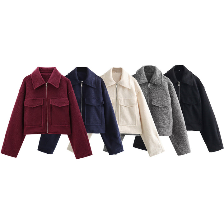 Damen Kurze Bouclé‑Jacke im Boxy‑Cut mit Reißverschluss und Pattentaschen Drune
