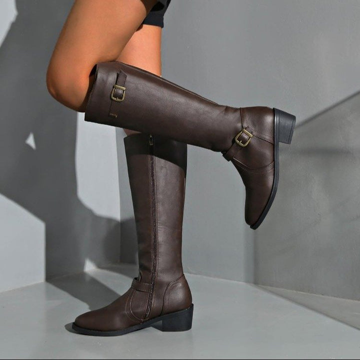 Damen nan kniehohe Reitstiefel mit dekorativen Schnallen und ergonomischem Blockabsatz Drune