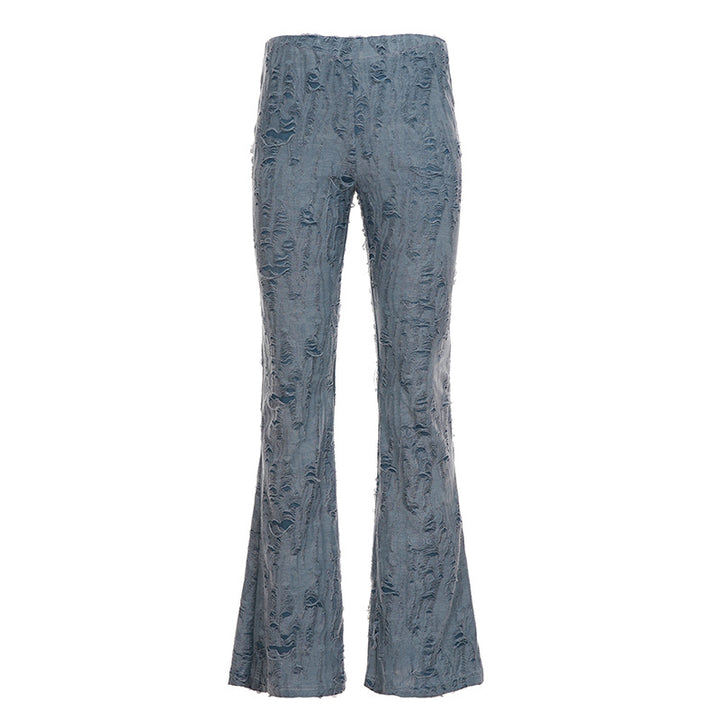 Damen nan ausgestellte Schlaghose mit hohem Bund, dehnbarer Denim-Optik und ausgefranster Destroyed-Struktur Drune