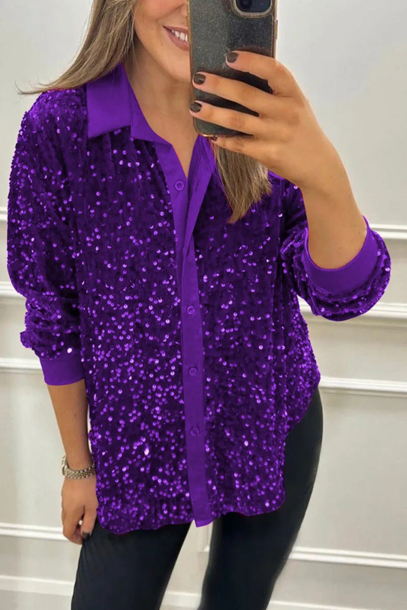 Damen nan glitzernde Pailletten-Hemdbluse mit Kragen, Knopfleiste und elastischen Manschetten Drune
