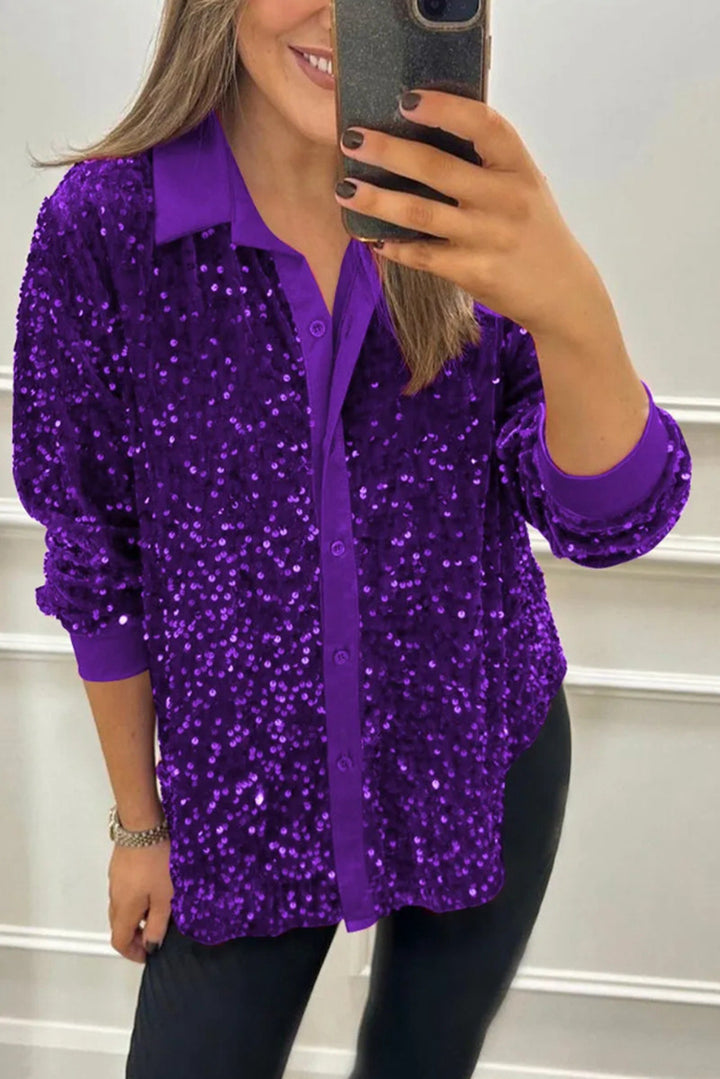Damen nan glitzernde Pailletten-Hemdbluse mit Kragen, Knopfleiste und elastischen Manschetten Drune