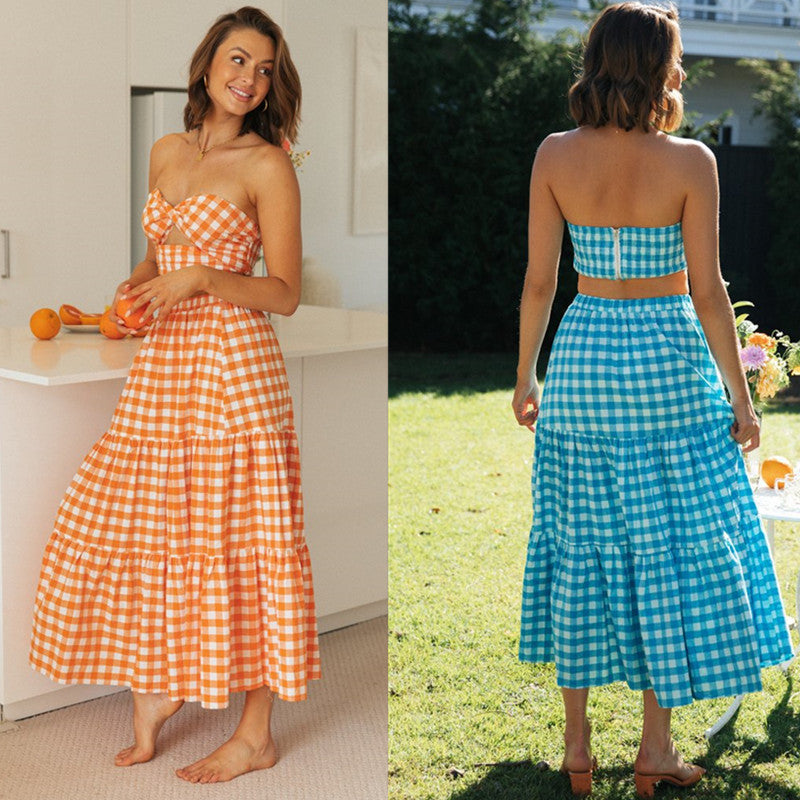 Damen Zweiteiliges Set im Gingham-Stil mit Crop-Top und voluminösem Rock Drune