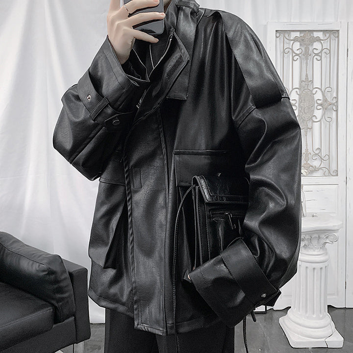 Herren Weitgeschnittene Kunstlederjacke mit Kapuze, Utility-Taschen und verstellbaren Manschetten Drune