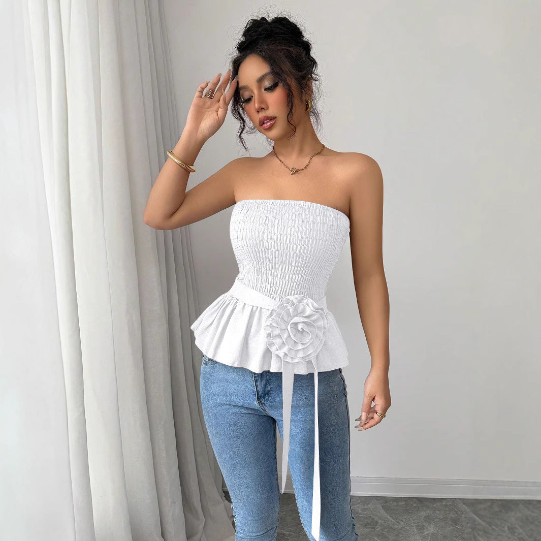 Damen nan figurbetontes trägerloses Smok-Oberteil mit Volant-Peplum und dekorativer Stoffblume Drune