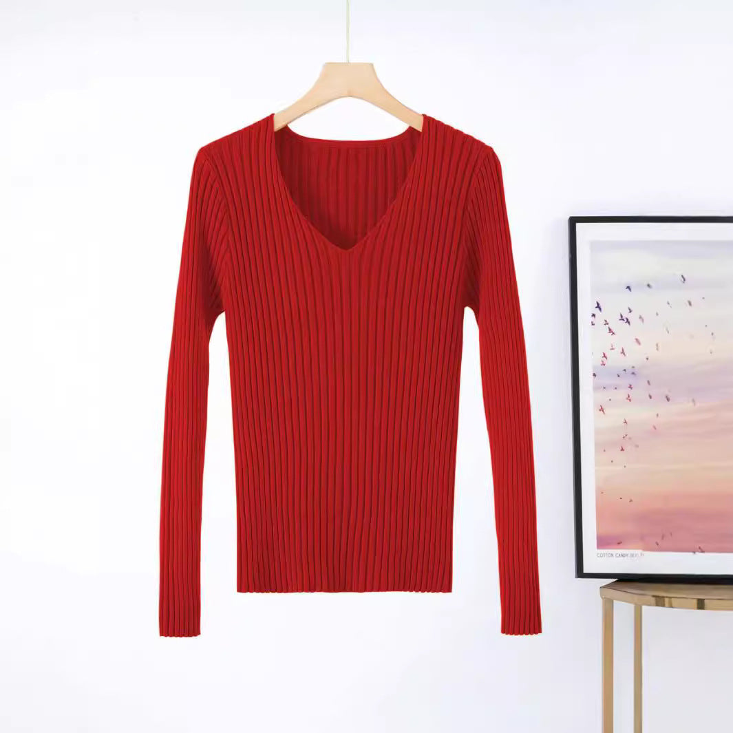 Damen modisches V-Ausschnitt Strickoberteil mit feinem Rippdesign Drune