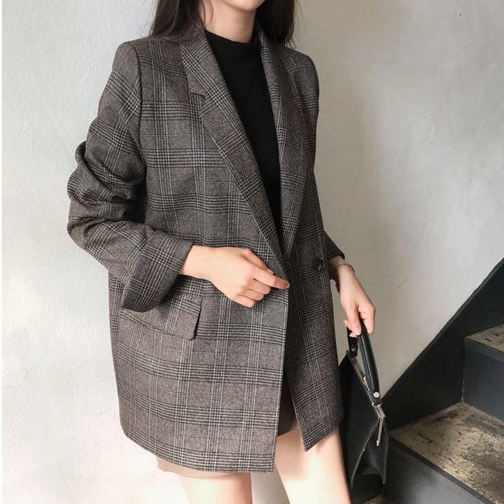 Damen Eleganter karierter Blazer mit doppelter Knopfleiste Drune