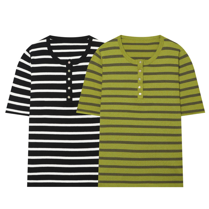 Damen Feinstrick‑Henley mit Knopfleiste und kurzem Ärmel Drune