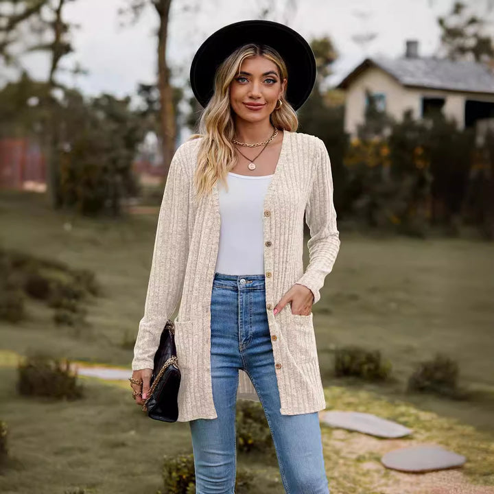 Damen Lang geschnittene Rippstrick‑Cardigan mit Knopfleiste und Eingrifftaschen Drune