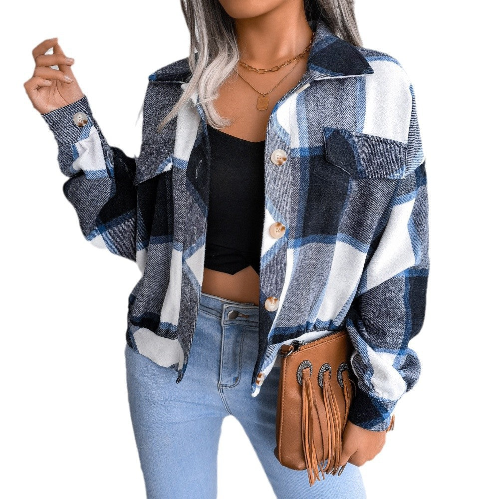 Damen Karo Overshirt mit Druckknopfverschluss und Brusttaschen Drune