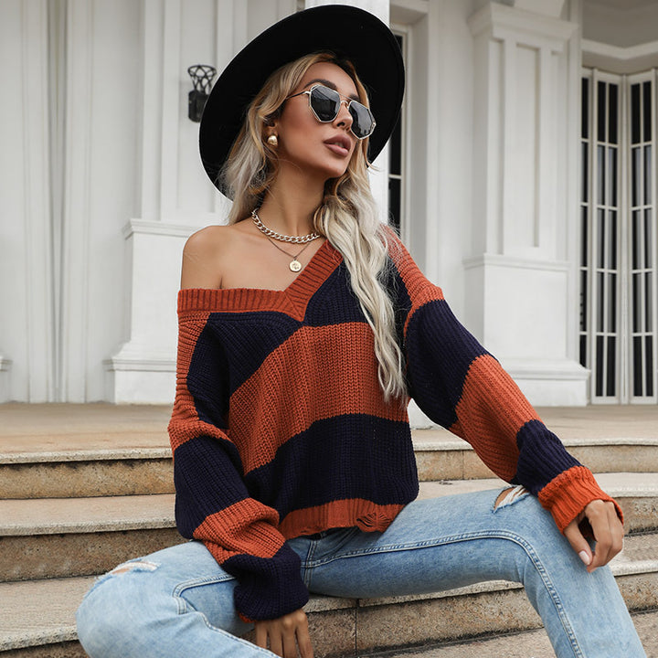 Damen Oversize-Chunky-Strickpullover mit schulterfreiem Fall, breiten Blockstreifen und geripptem Saum Drune