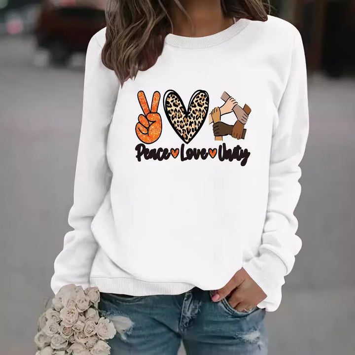 Damen Sweatshirt mit kreativem Peace, Love & Unity Motiv Drune