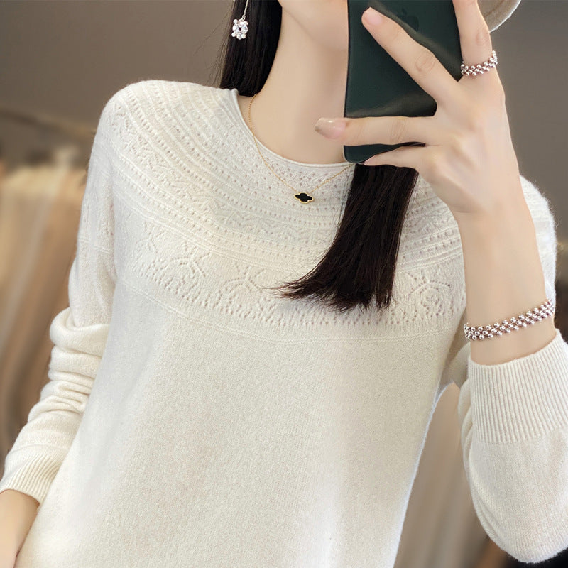 Damen Rundhals-Feinstrickpullover mit strukturierter Passe und Kaschmir-Optik Drune