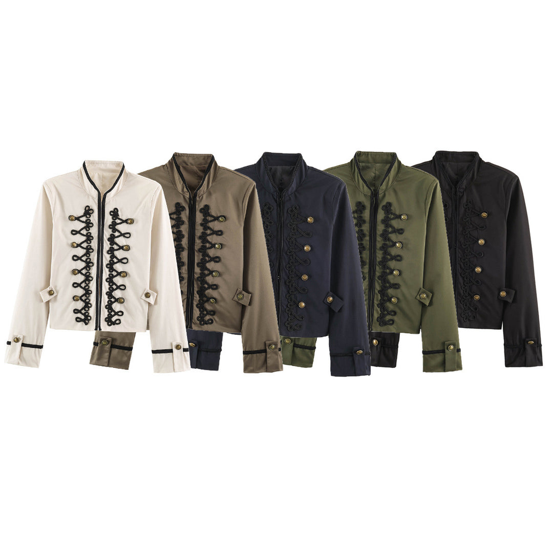 Damen Cropped-Kurzblazer im Kavallerie-Stil mit dekorativen Kordelriemen und Messingbuttons Drune