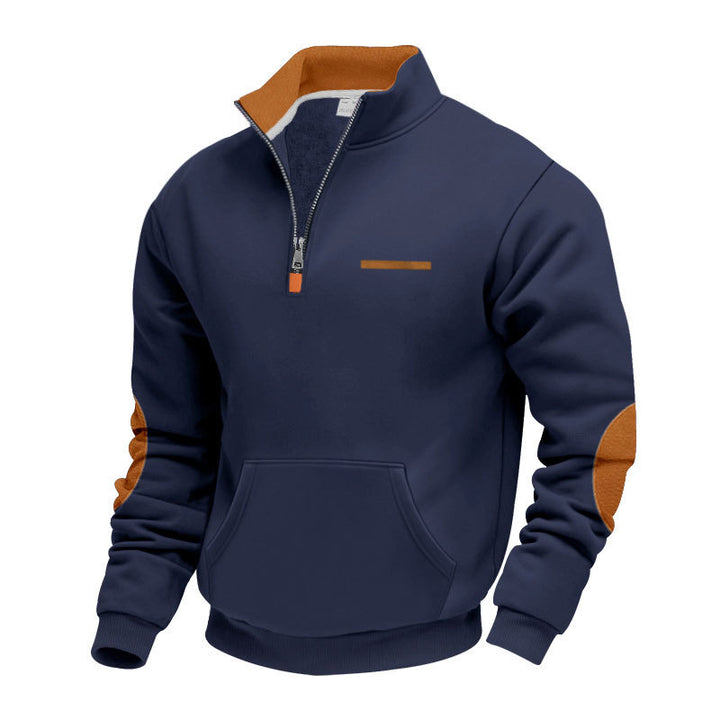 Herren nan Halbzip-Sweatpullover mit Stehkragen, Kängurutasche und Ellenbogenbesatz Drune