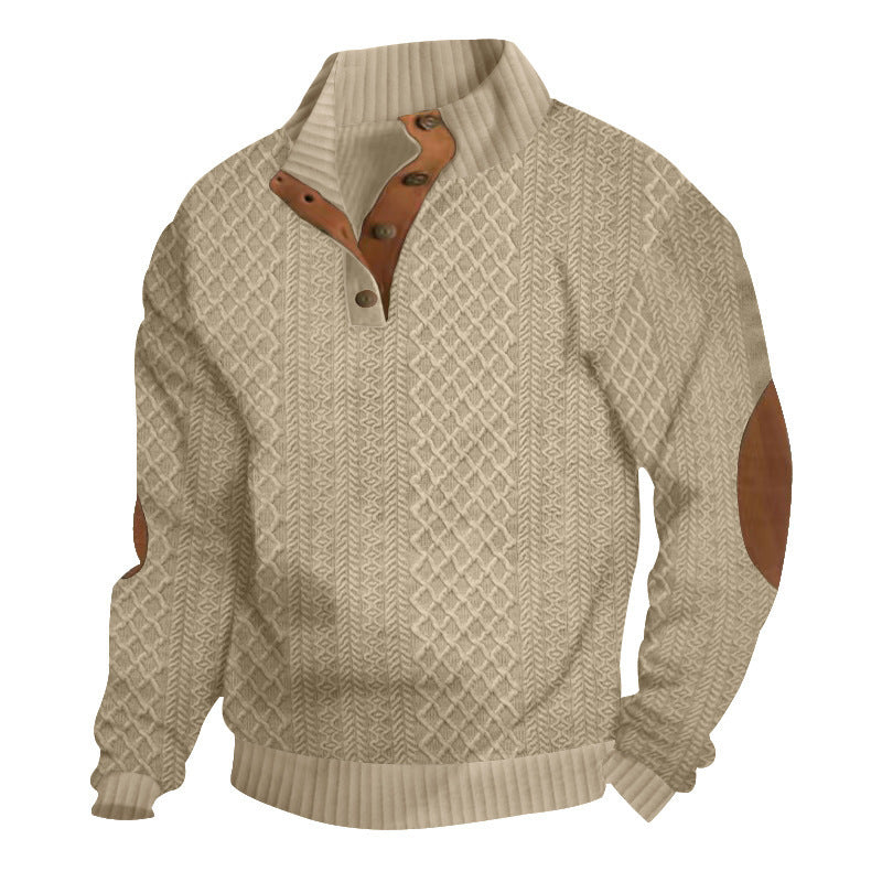 Herren Strukturiertes Zopfmuster-Henley-Pullover mit Lederbesatz an Ellbogen & Knopfleiste Drune
